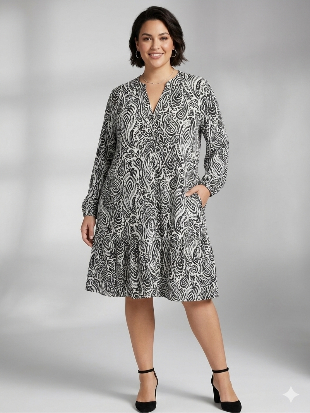 Rachel Zoe Black White Paisley Sleeve Pocketed Dress NWT 25 PTP 38 L